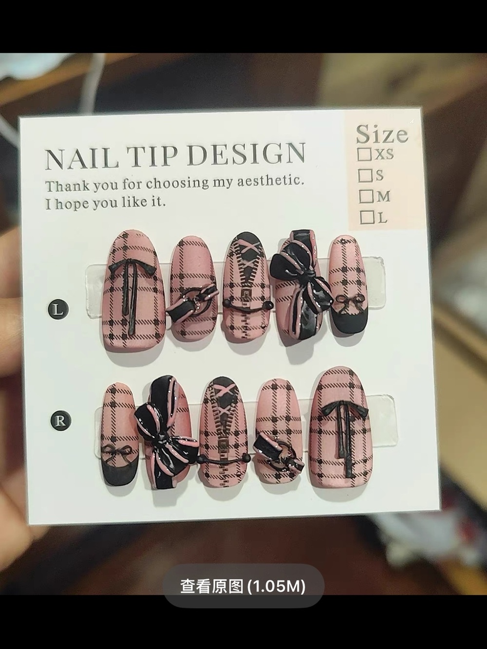 Hand made Plaid Pink & Black 3D Bow Press-On Nail Set